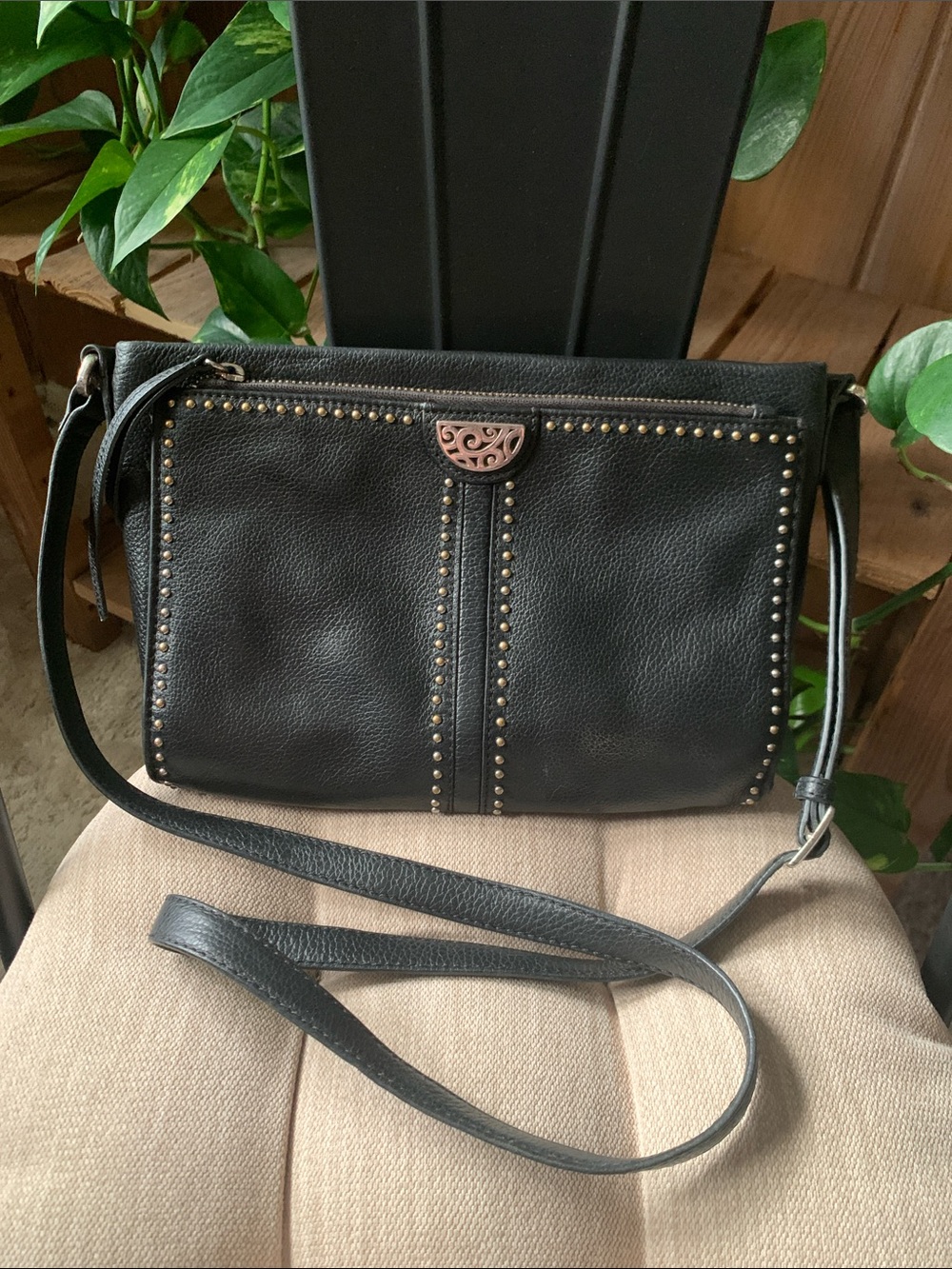 Brighton Black Stud-Trim Leather Crossbody